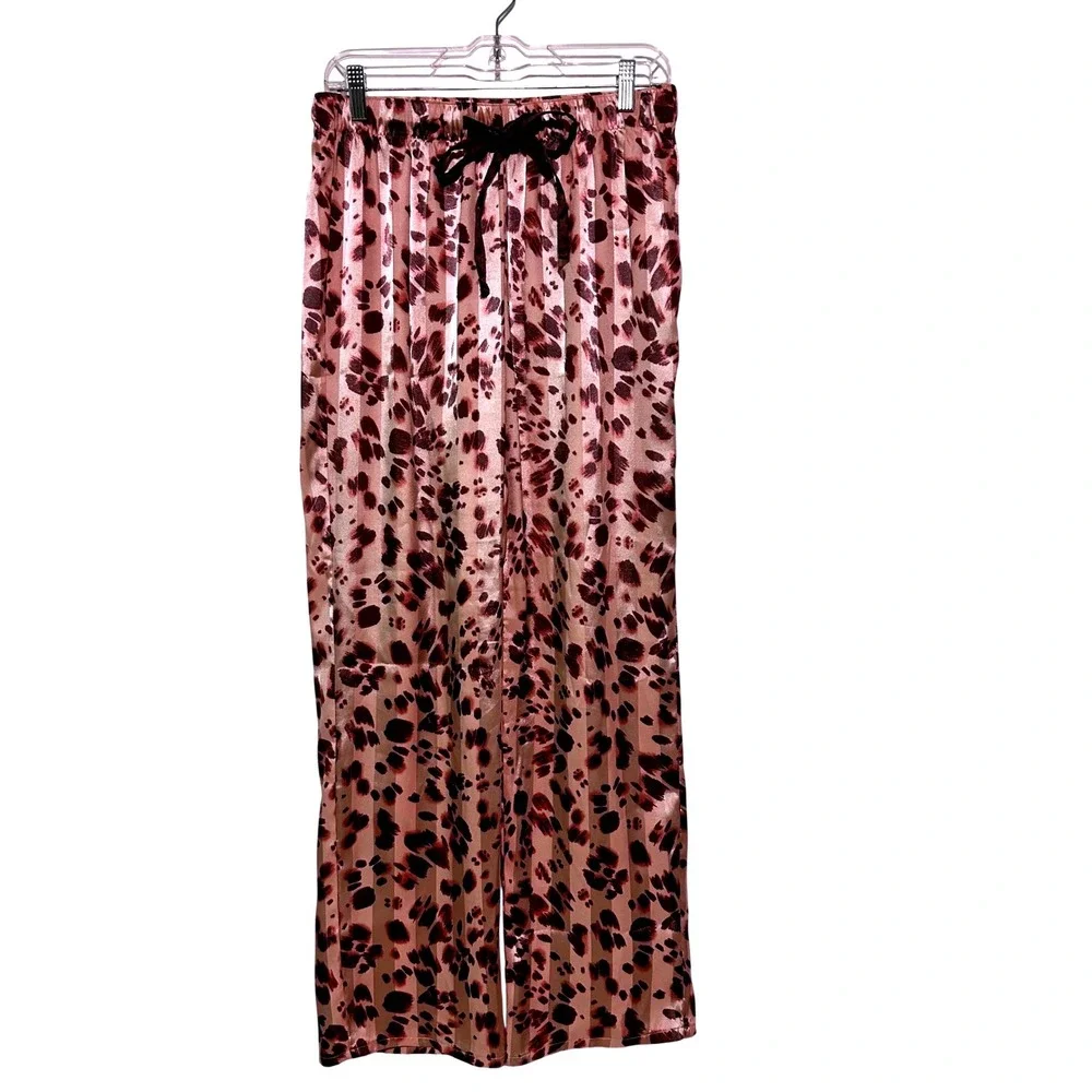 Como Sleep Womens Pink Leopard Striped Satin Pajama Pant Set Button Front Size M
